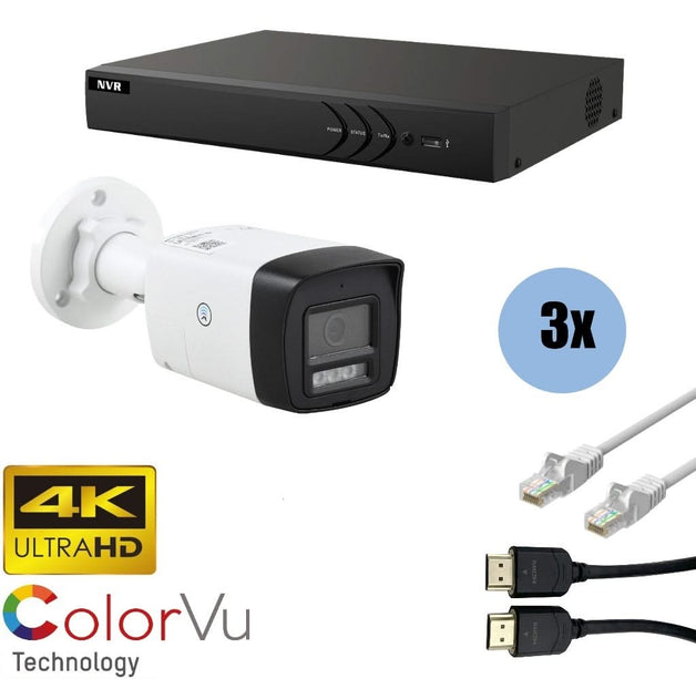 ASE Kit, 3x Bullet, 8Mp 4K Ultra HD, ColorVu met NVR en bekabeling