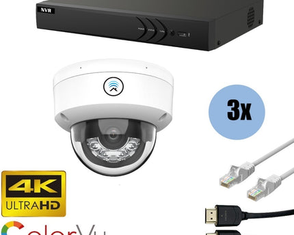 ASE Kit, 3x Dome, 8Mp 4K Ultra HD ColorVu Binnen camera, met NVR en bekabeling
