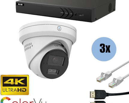 ASE Kit, 3x Turret, 8Mp 4K Ultra HD, ColorVu, met NVR en bekabeling