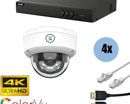 ASE Kit, 4x Dome, 8Mp 4K Ultra HD ColorVu Binnen camera, met NVR en bekabeling