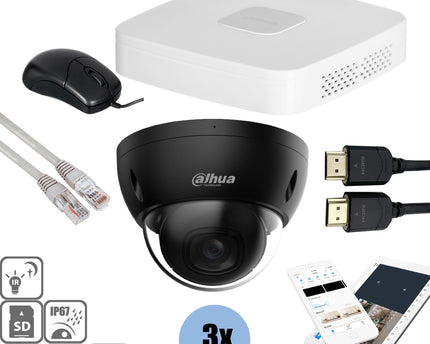 Dahua Black kit 3x Dome 4MP + Recorder & Bekabeling