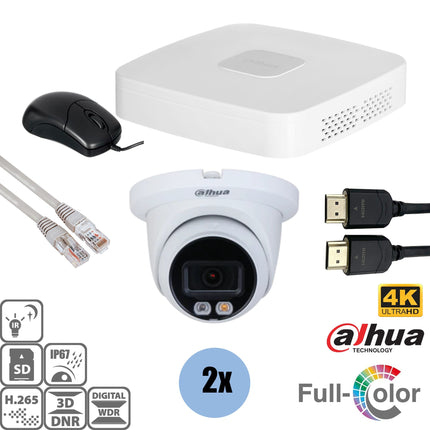 Dahua Set 2x Turret 8MP 4K Full-Color + Recorder & Bekabeling