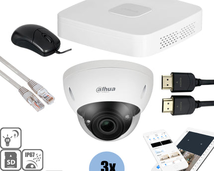 Dahua Set 3x Dome 8MP + Recorder & Bekabeling