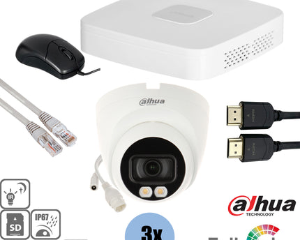 Dahua Set 3x Turret Full-Color 4MP + Recorder & Bekabeling
