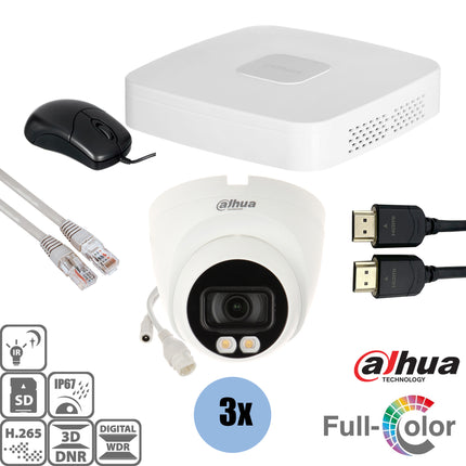 Dahua Set 3x Turret Full-Color 4MP + Recorder & Bekabeling