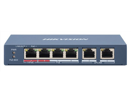 Hikvision DS-3E0106HP-E, 6 Poorts, 1x High PoE, 3x PoE, 2x Uplink