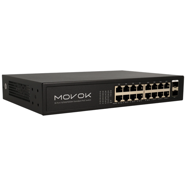 Movok 18 Poorts PoE Gigabit Switch, 16x PoE, 2x Uplink