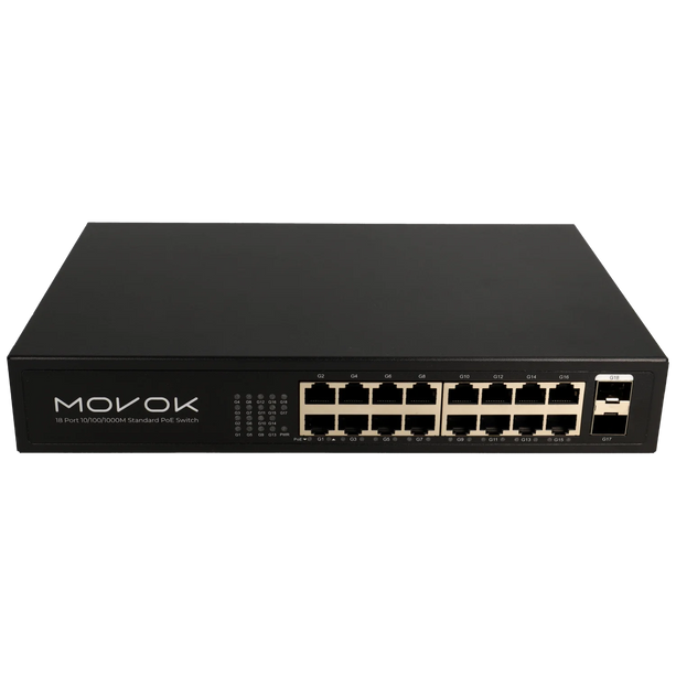 Movok 18 Poorts PoE Gigabit Switch, 16x PoE, 2x Uplink